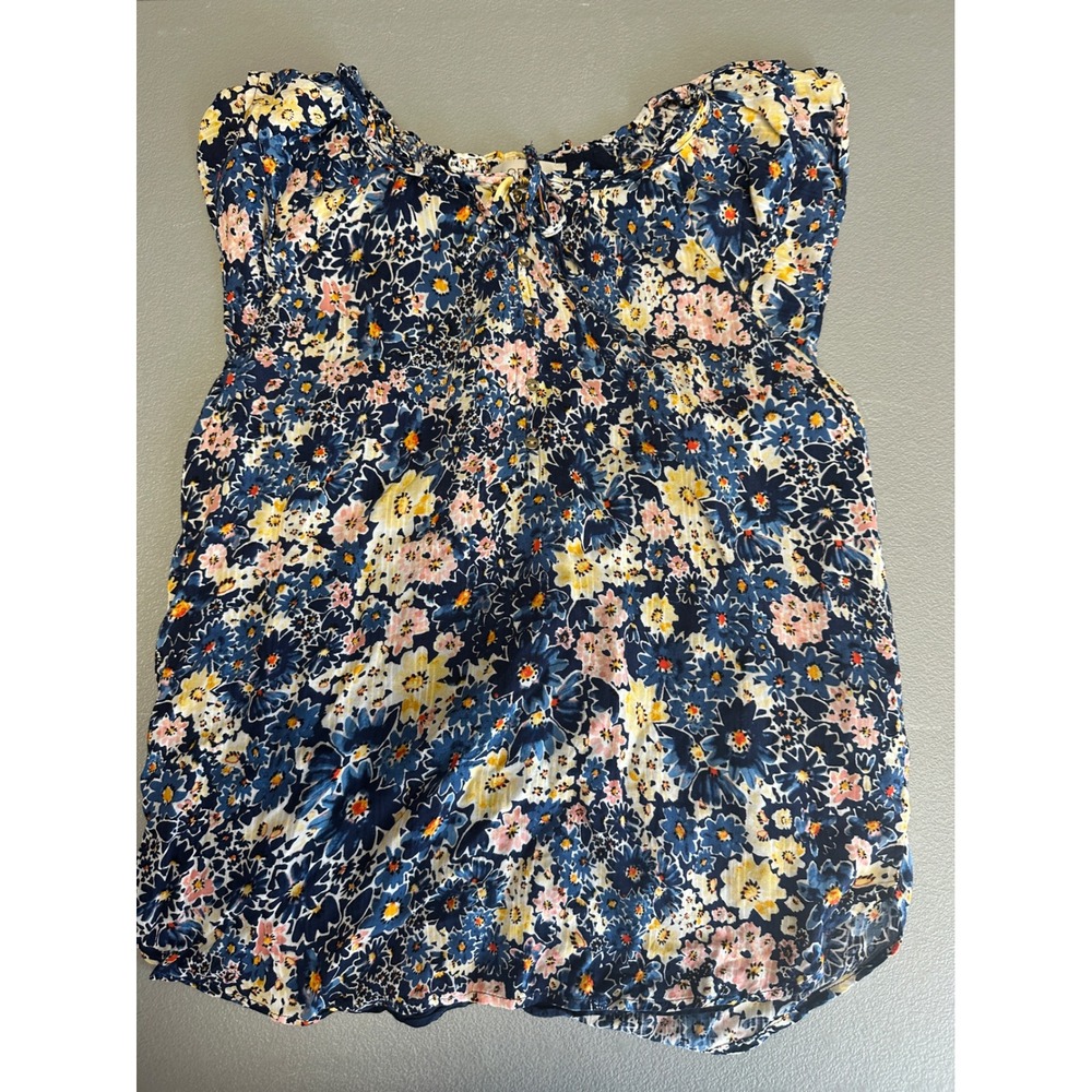 LOFT Floral Peasant Top Blouse Women's XS Navy‎ Pink Yellow